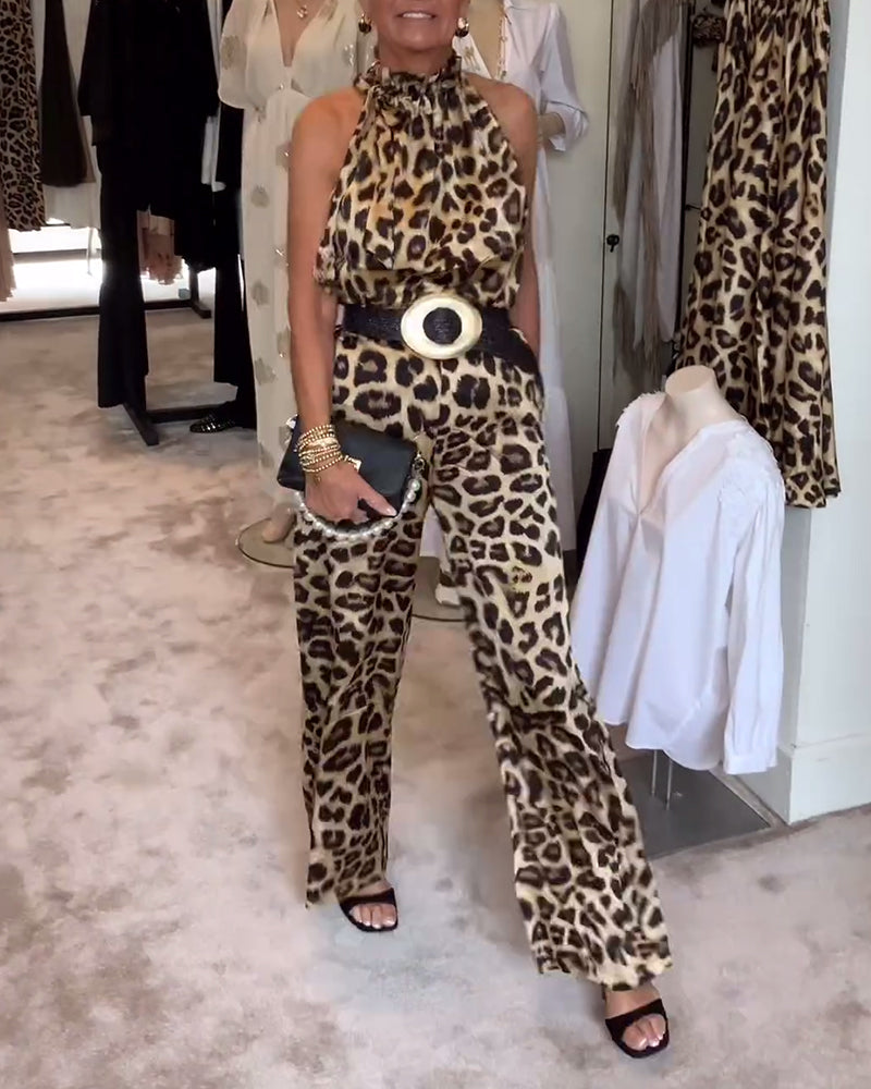 Leopardprint jumpsuit uden ærmer med halterneck