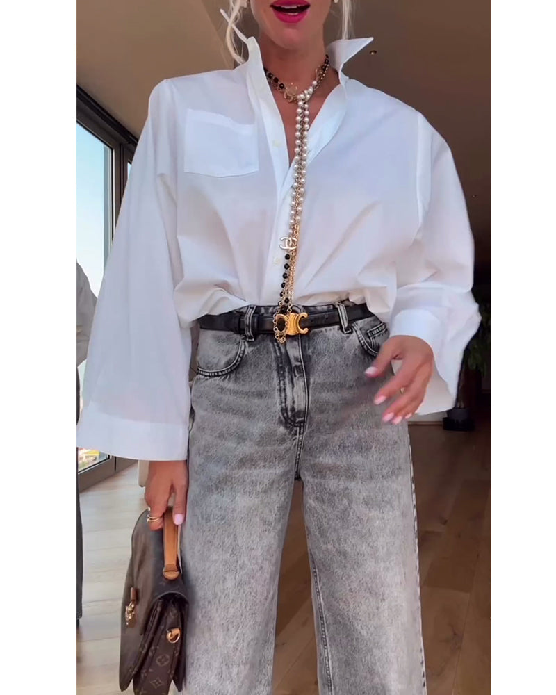 Skjorte Revers Ensfarvet Casual