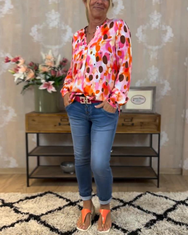 Langærmet farverig modebluse med print