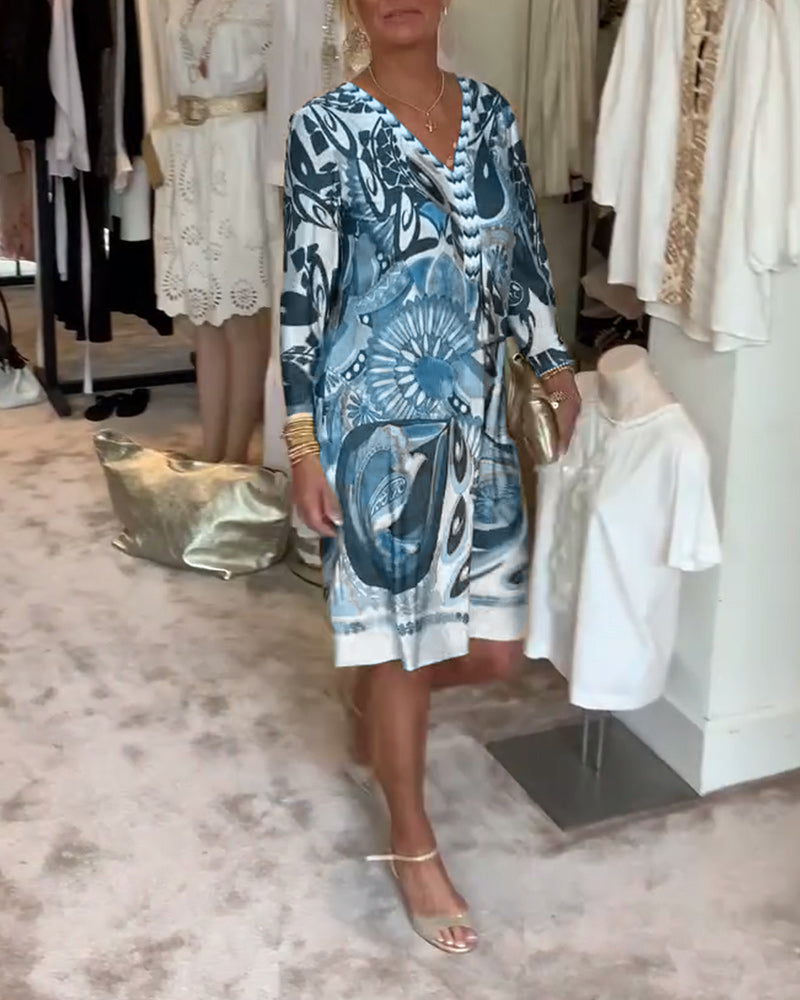 V-halset afslappet kjole med retroprint