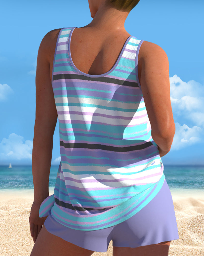 Stribet tankini med U-hals