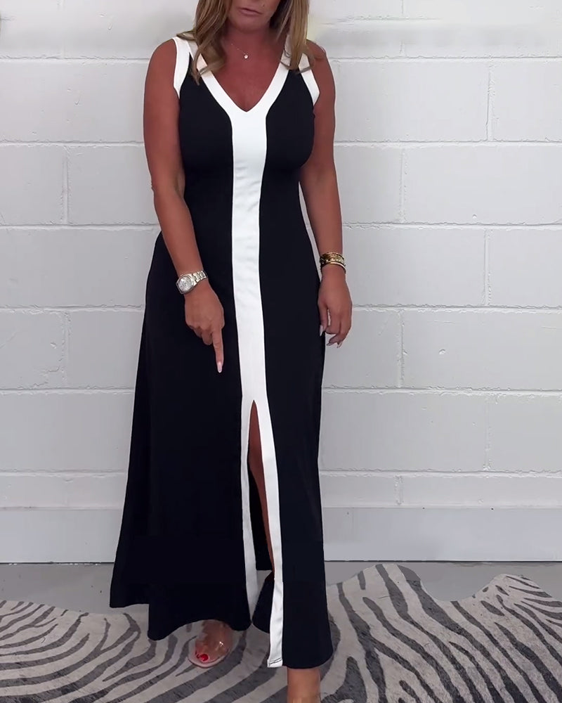 Kjole uden ærmer med hvide kanter og bred skillelinje