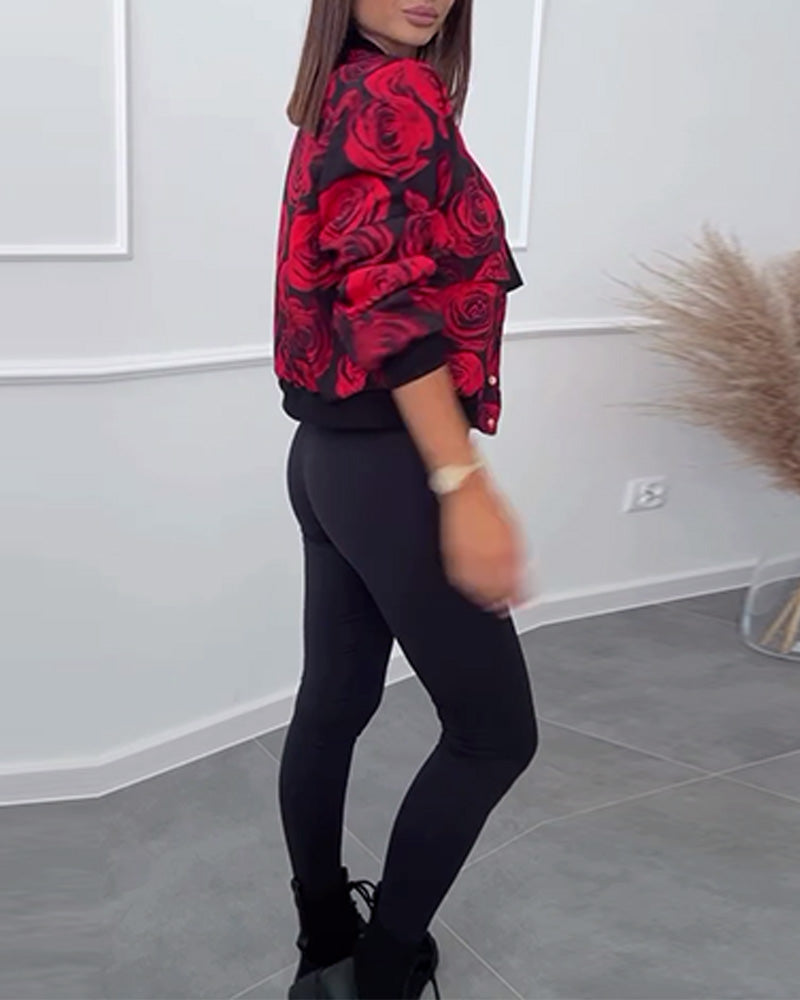 Afslappet jakke med roseprint