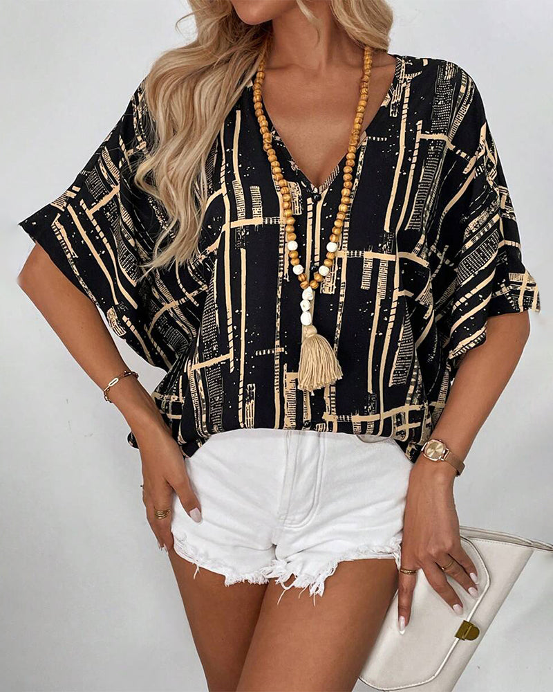 Bluse Flagermusærme Retro V-Hals Printet