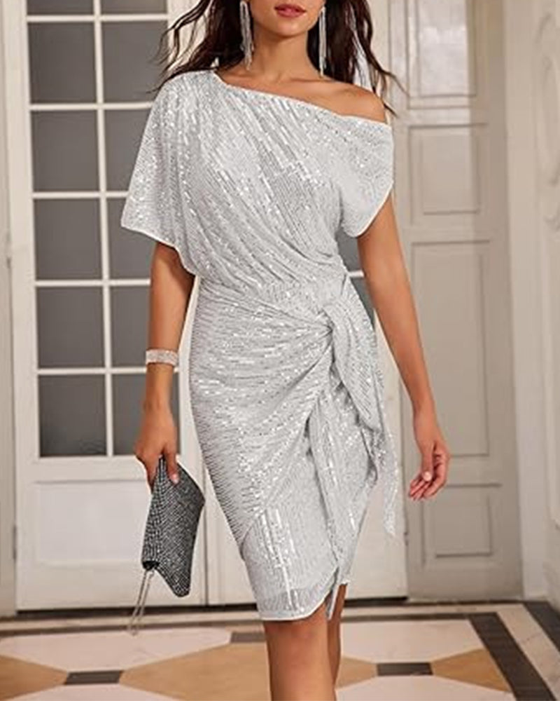 V-hals off-shoulder elegant kjole med pailletter