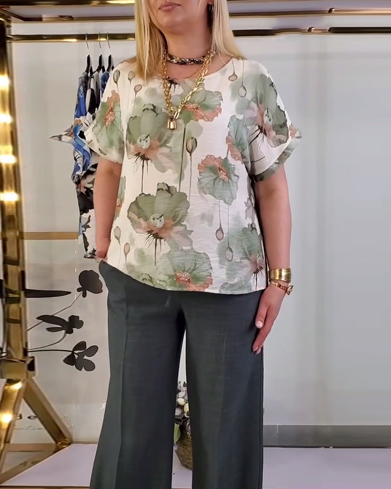 Bluse Rund Hals Løs Lotusblad Print