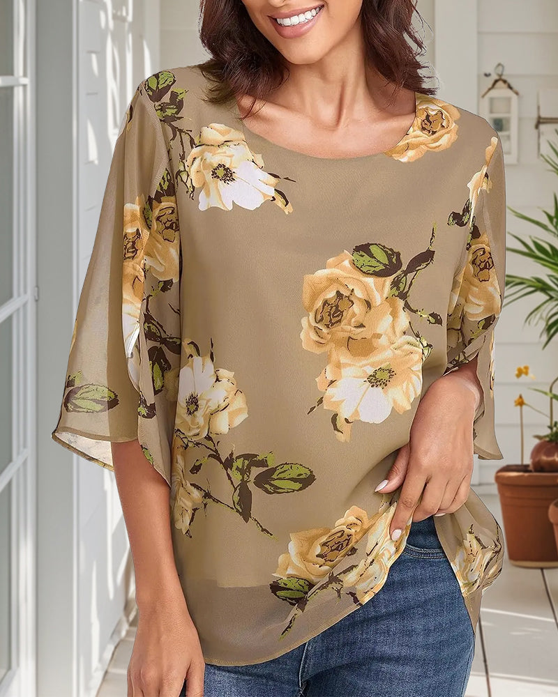 Bluse Rund Hals Blomstermønster Splidærme Afslappet