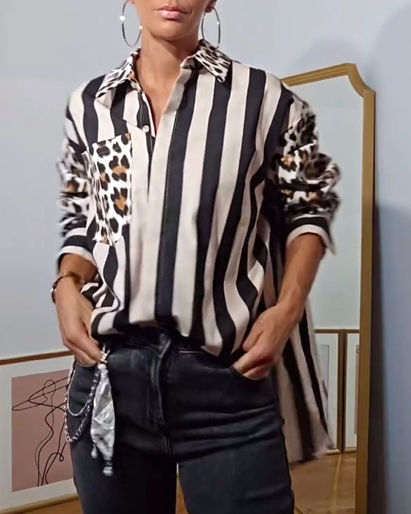 Stribet patchworkbluse med delvist leopardprint