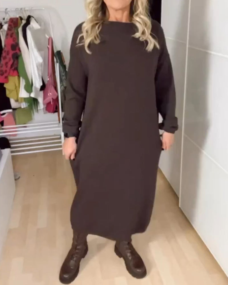 Efterår ensfarvet langærmet afslappet midikjole