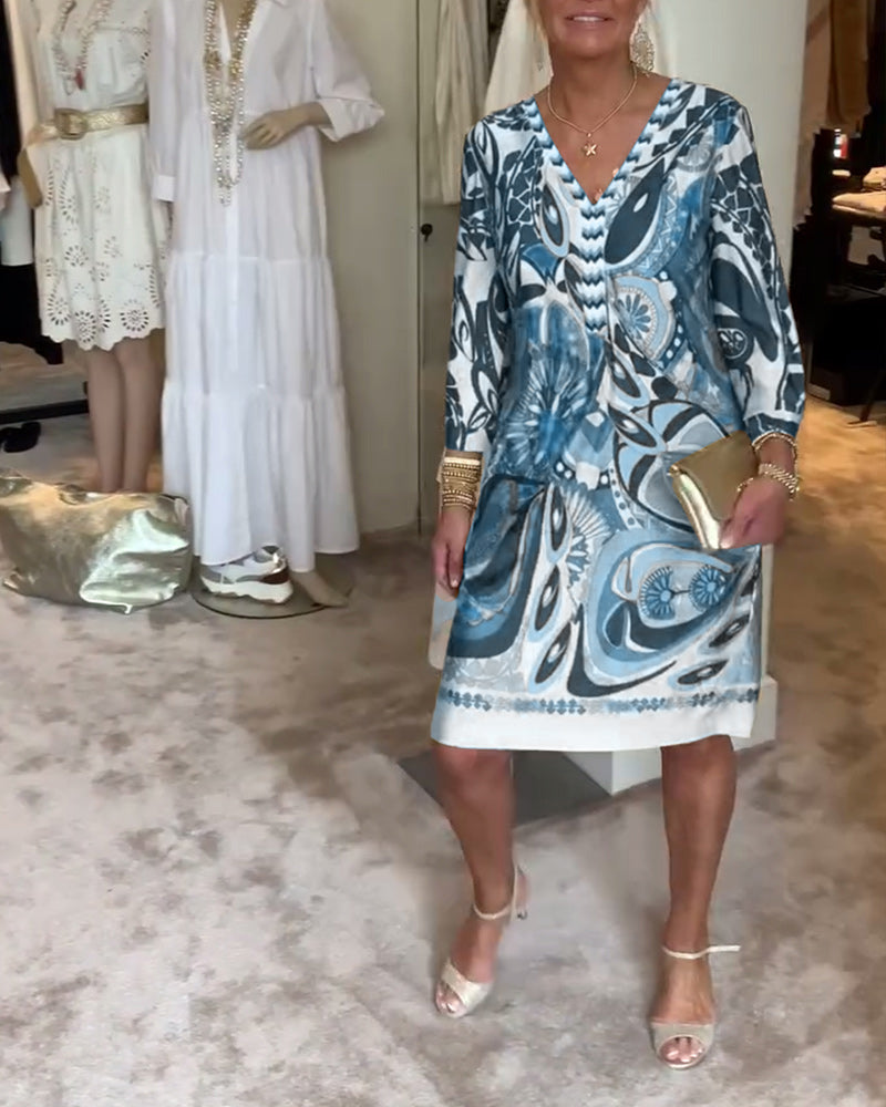 V-halset afslappet kjole med retroprint