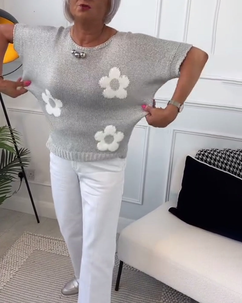 Slim fit striktrøje med rund hals og blomstermotiver