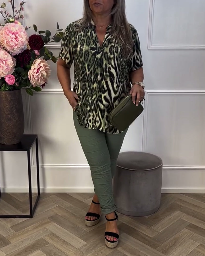 Bluse Mode Leopardprint Korte Ærmer