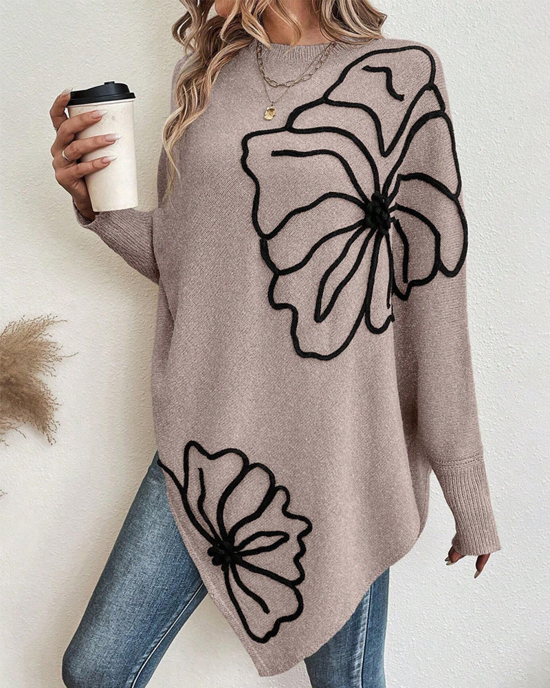 Blomstret Løs Sweater med Flagermusærmer