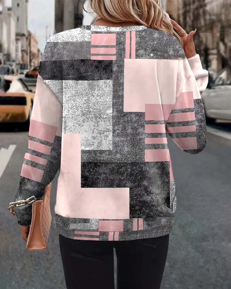 Sweatshirt med halv lynlås og uregelmæssigt geometrisk print
