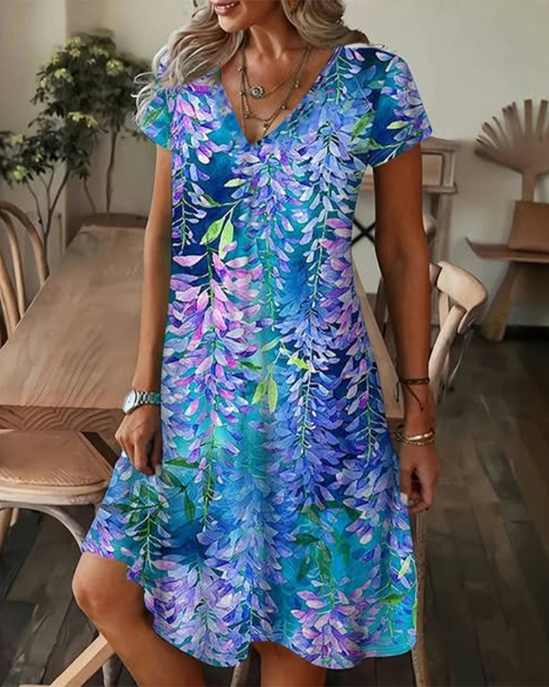 Kjole V-Hals Blomstret Casual Lige