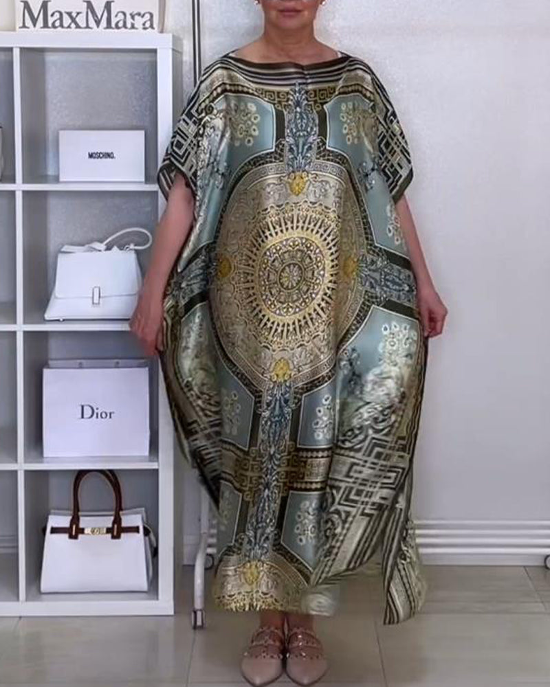 Boho-printet løs kjole med slids