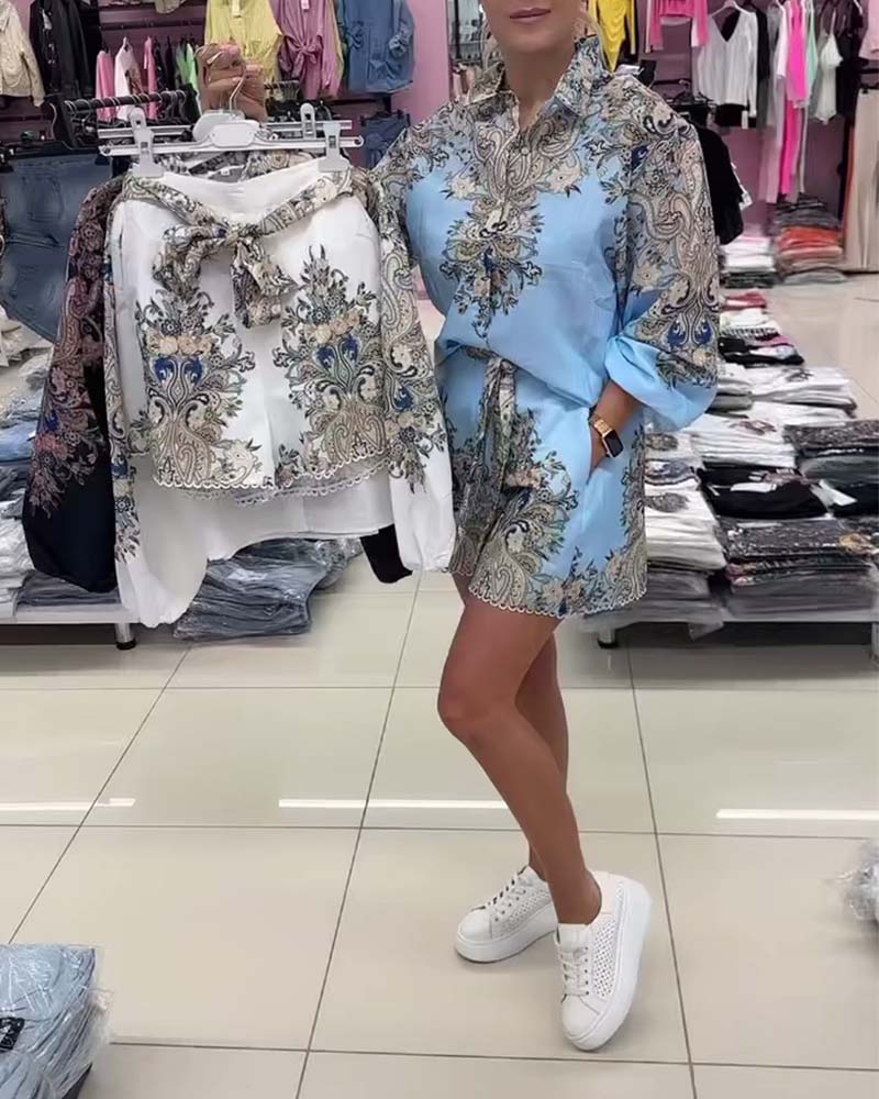 Sæt Lanterneærme Revers Mønstret Shorts