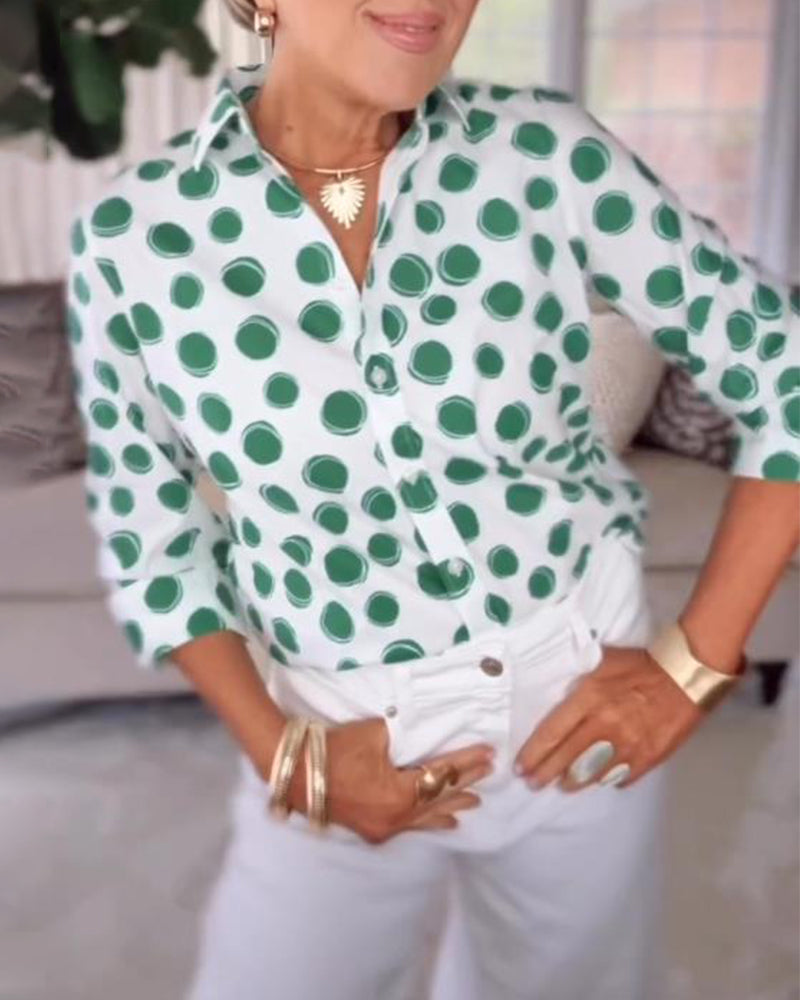 Bluse Med Revers Prikket Print Afslappet
