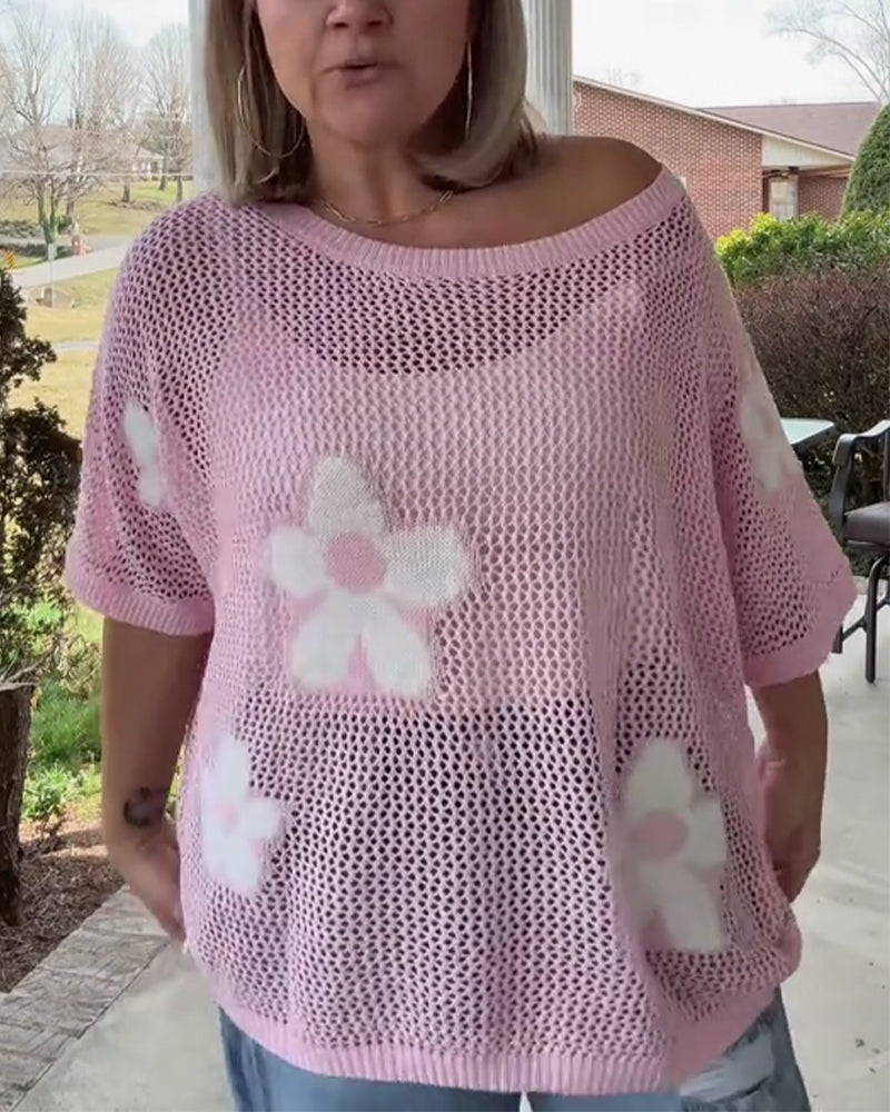 Sweater Rund Halsudskæring Stort Blomstermønster Udskåret
