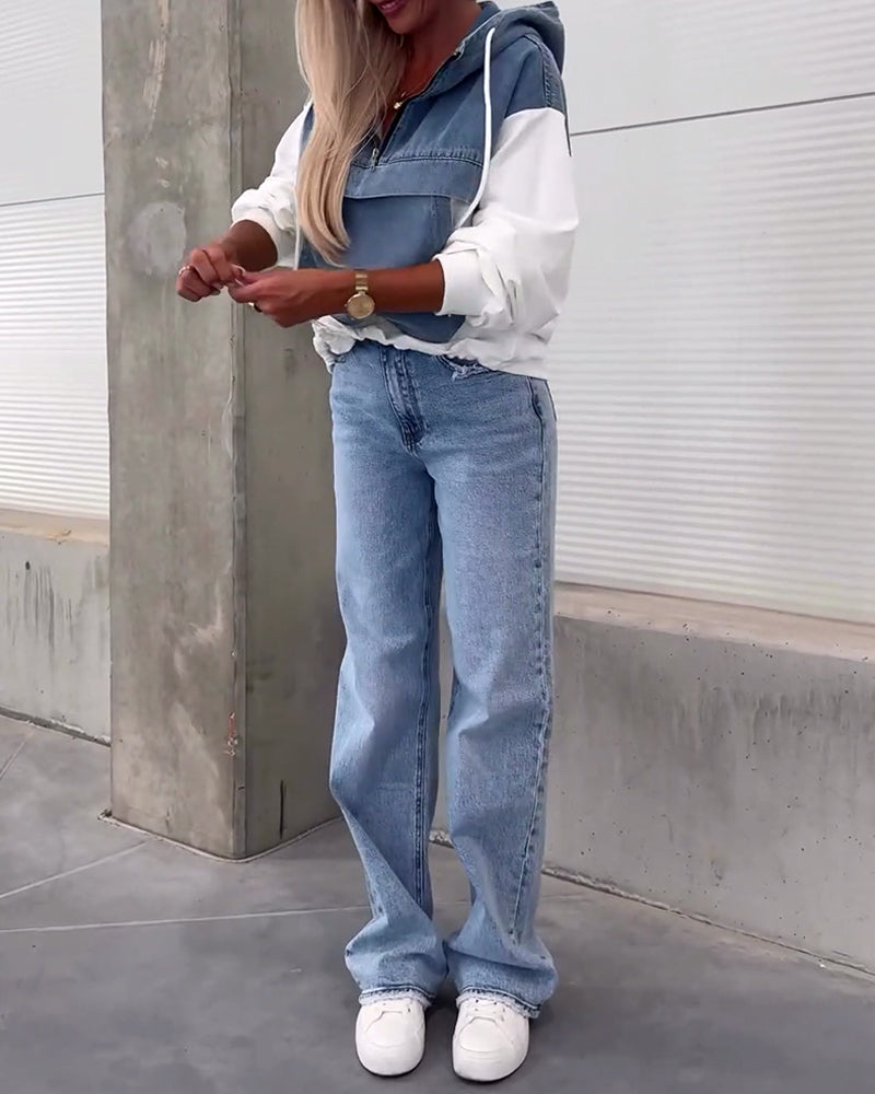 Patchwork denim hættetrøje med lynlås