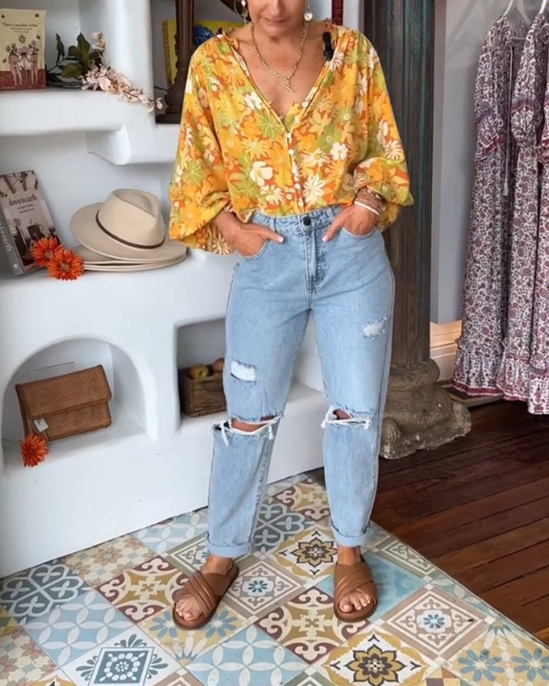 V-halset bluse med blomsterprint