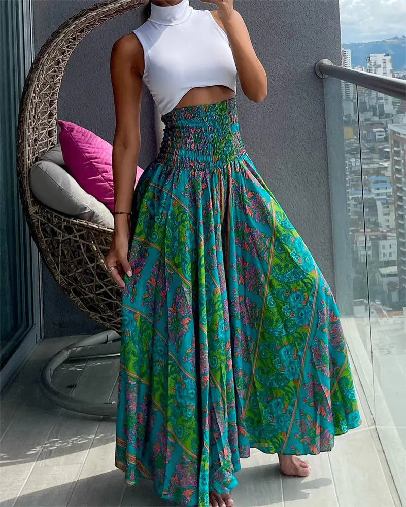 Elegante bredebenede bukser med vintage print