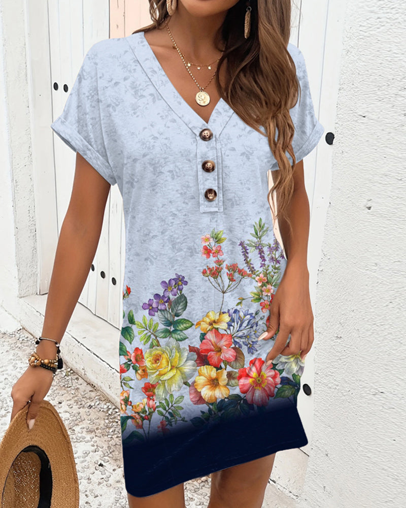 Kjole V-Udskæring Knapper Print Casual