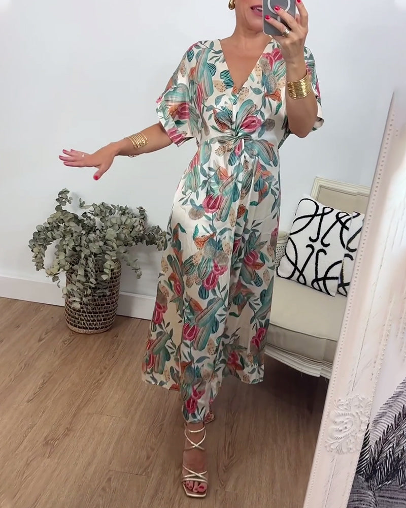 V-halset elegant kjole med botanisk print