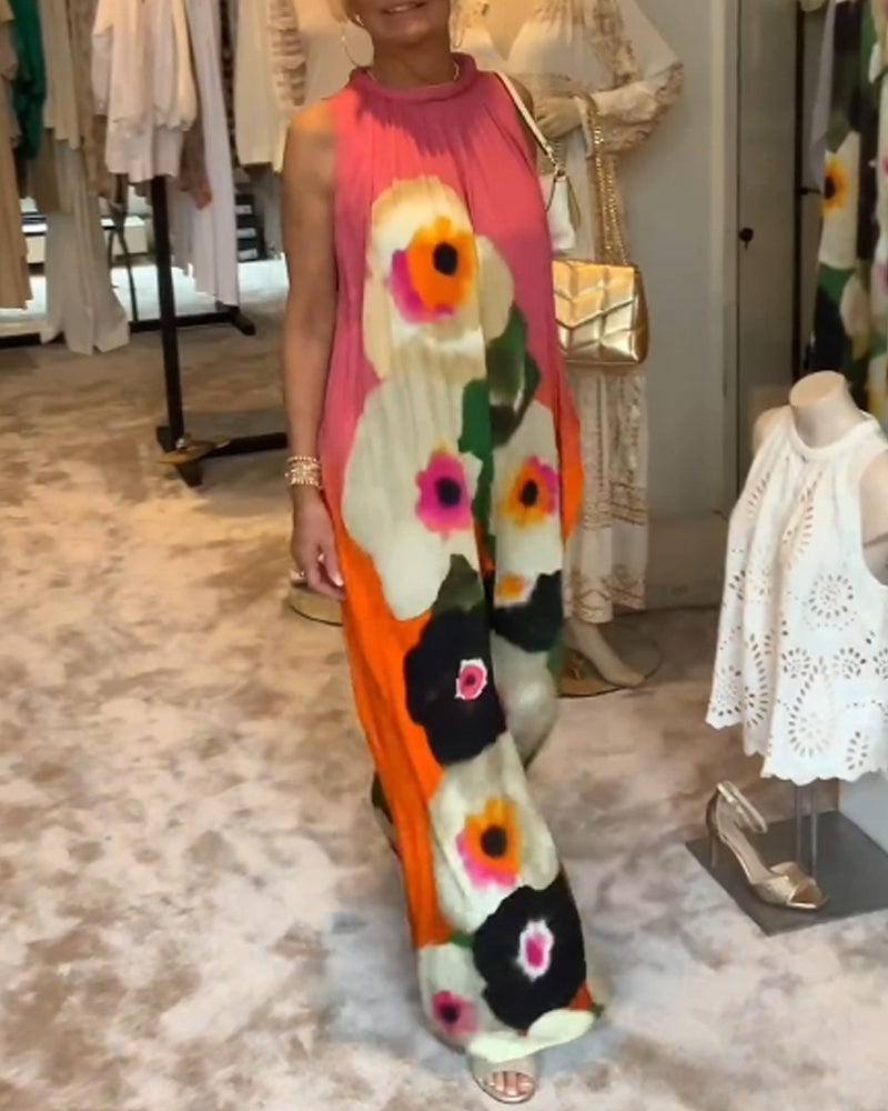 Afslappet lang kjole uden ærmer med blomstermotiv