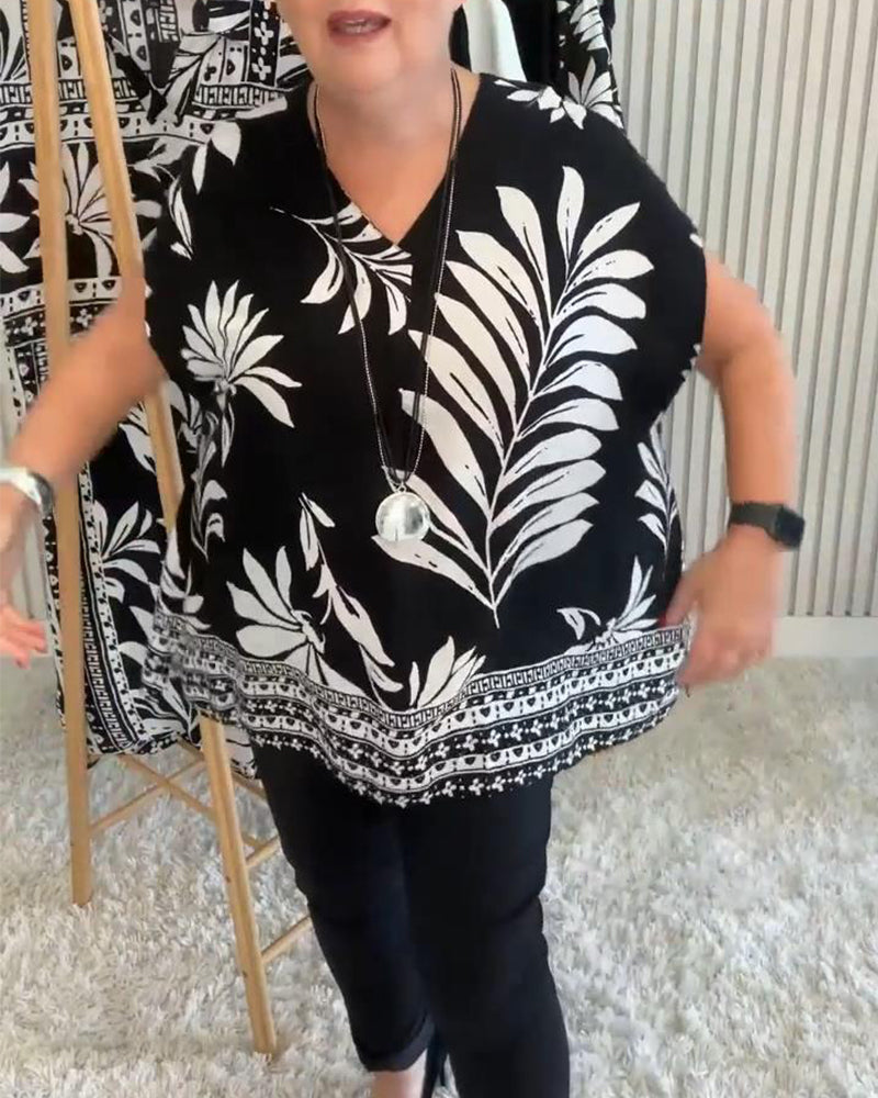 Bluse V-Hals Løs Mønstret