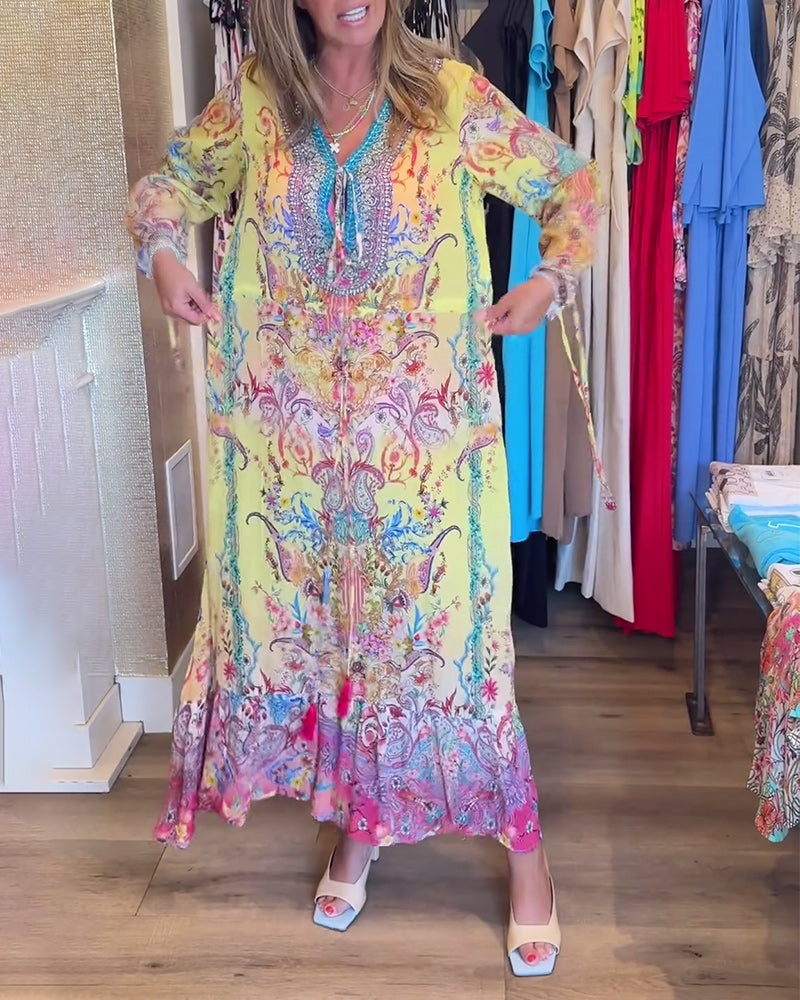 Langærmet resortkjole med print