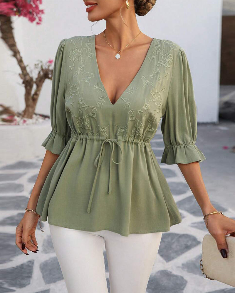 Bluse V-Hals Talje Ensfarvet Elegant