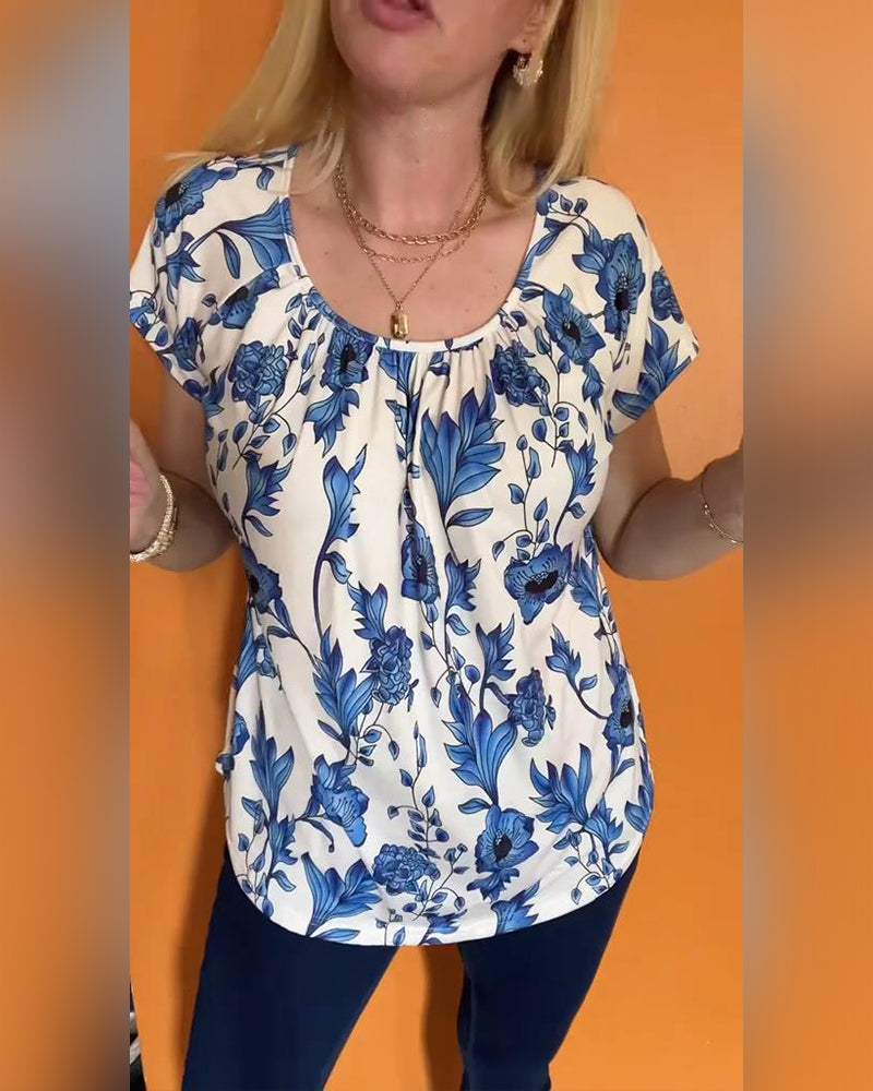 Bluse Vid Krave Plisseret Tryk