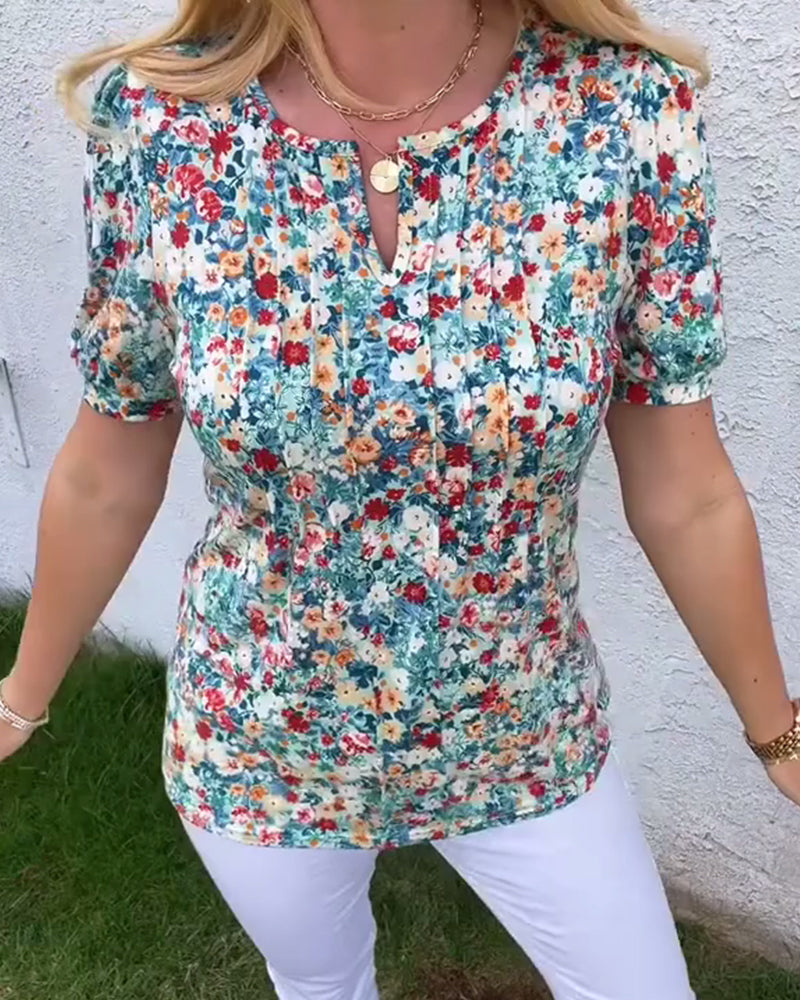 Bluse Kortærmet Blomsterprint Plisseret