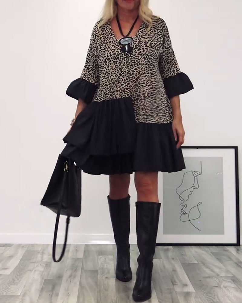 Patchwork kjole med leopardprint og pjuskærmer