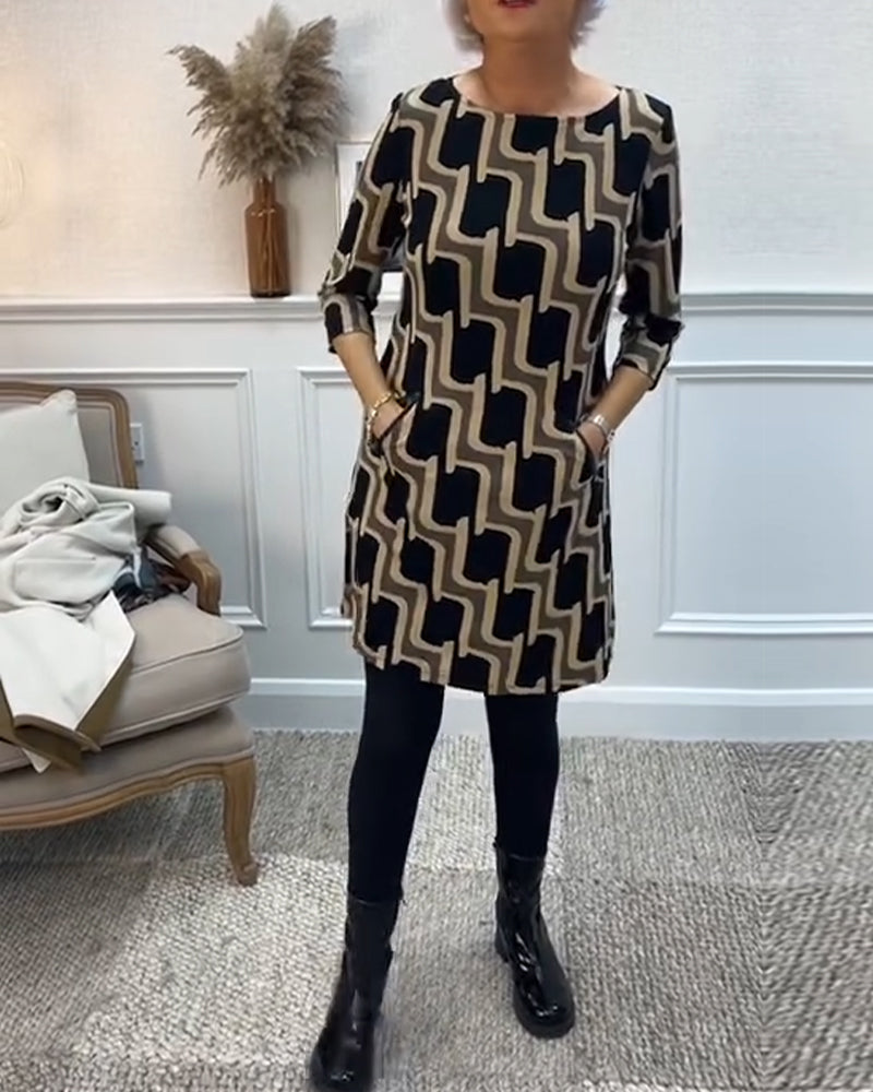 Rund hals printet slim fit kjole