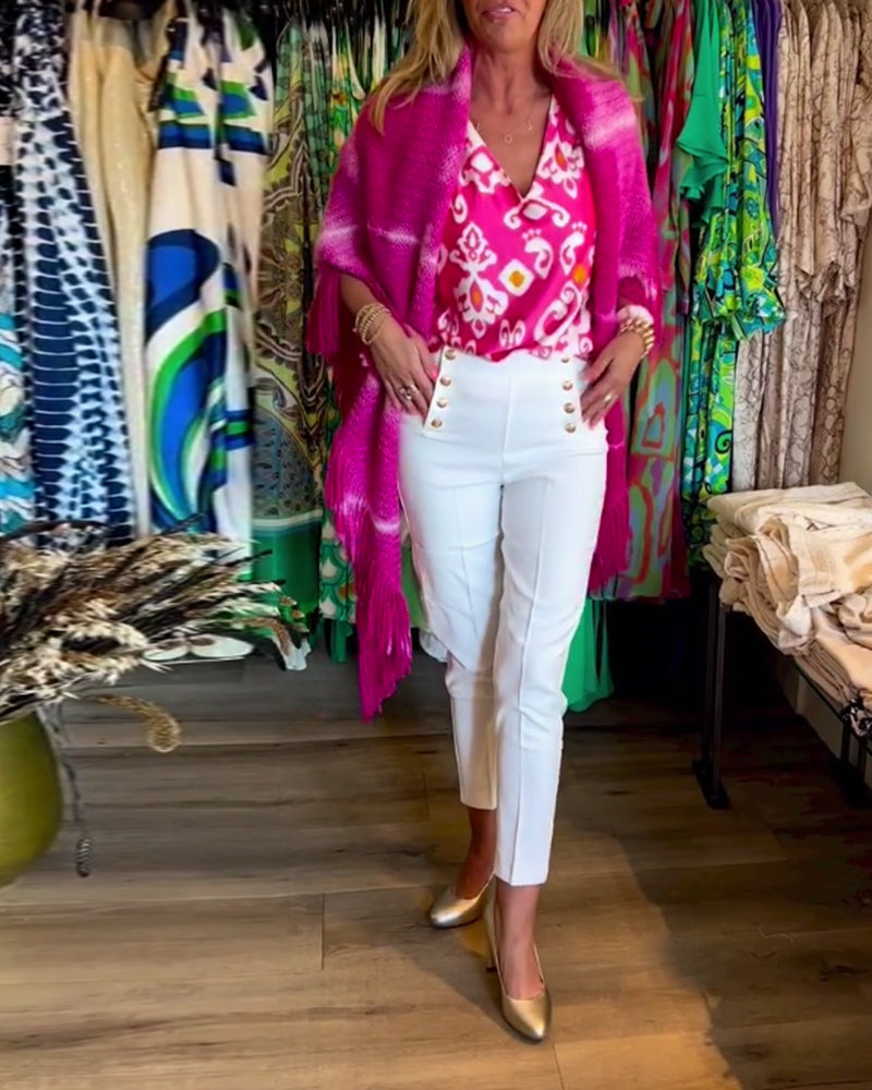 Kortærmet top med V-udskæring og print