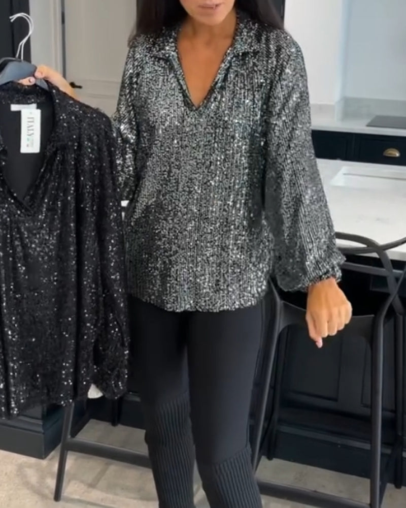 Ensfarvet bluse med pailletter
