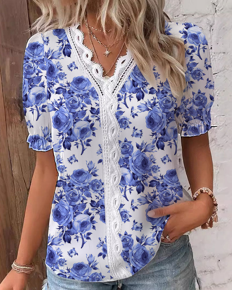 Bluse Puffærmer Rosetryk