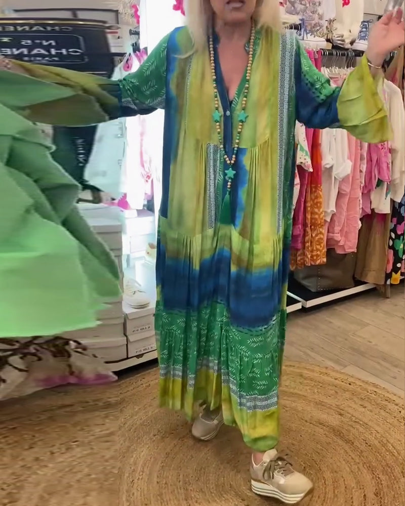 Lang farverig kjole i afslappet pasform med vide ærmer