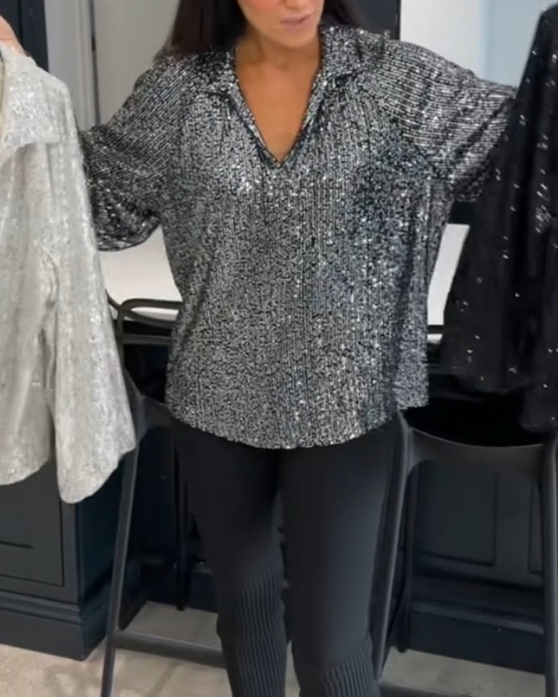 Ensfarvet bluse med pailletter