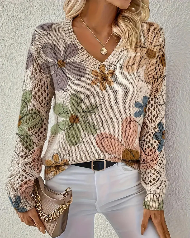V-Halset Strikket Sweater Med Åbent Mønster