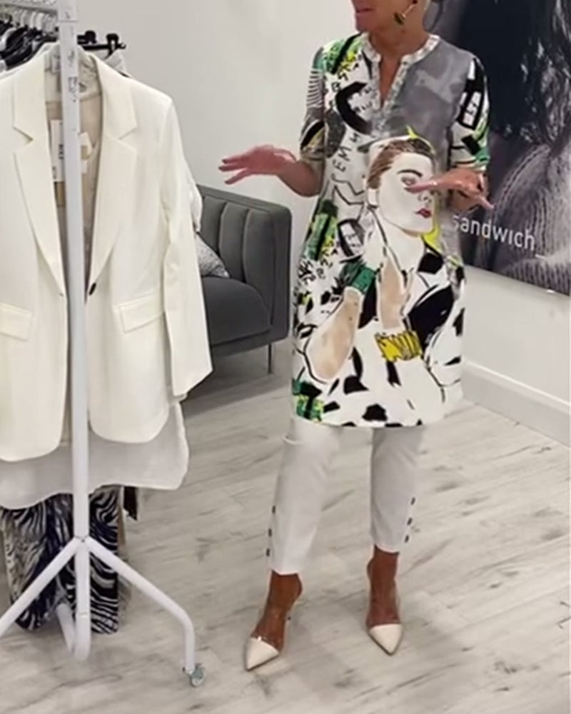 Afslappet lang top med portrætprint