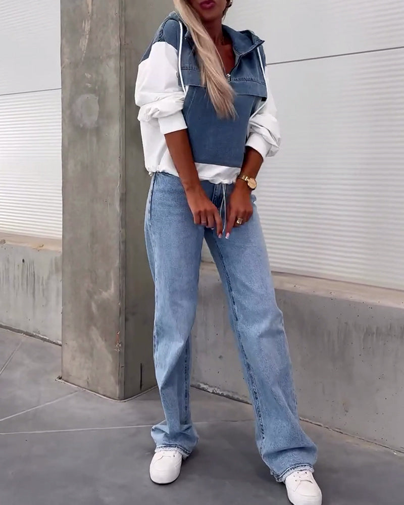 Patchwork denim hættetrøje med lynlås