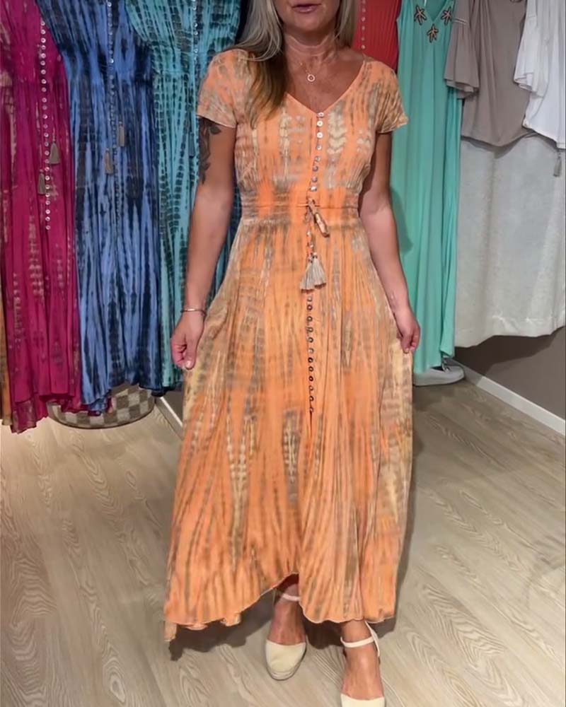 Kjole V-Hals Tie-Dye Kortærmet