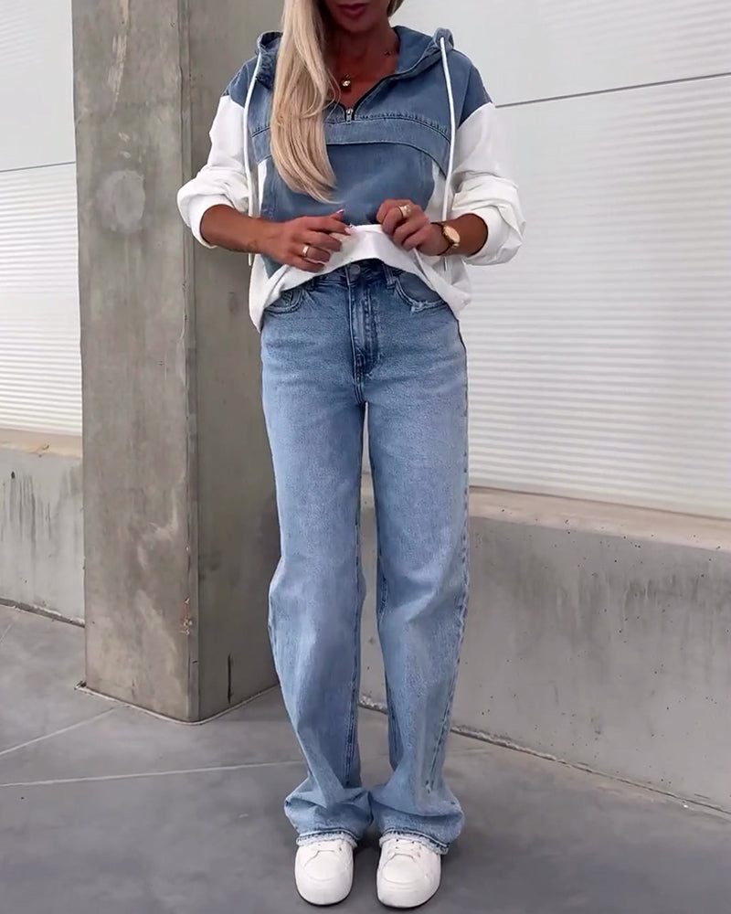 Patchwork denim hættetrøje med lynlås