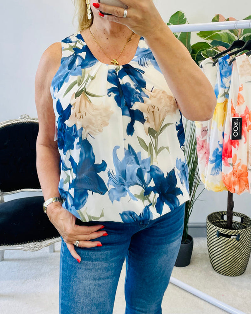 Tank Top Ærmeløs Blomstret Plisseret