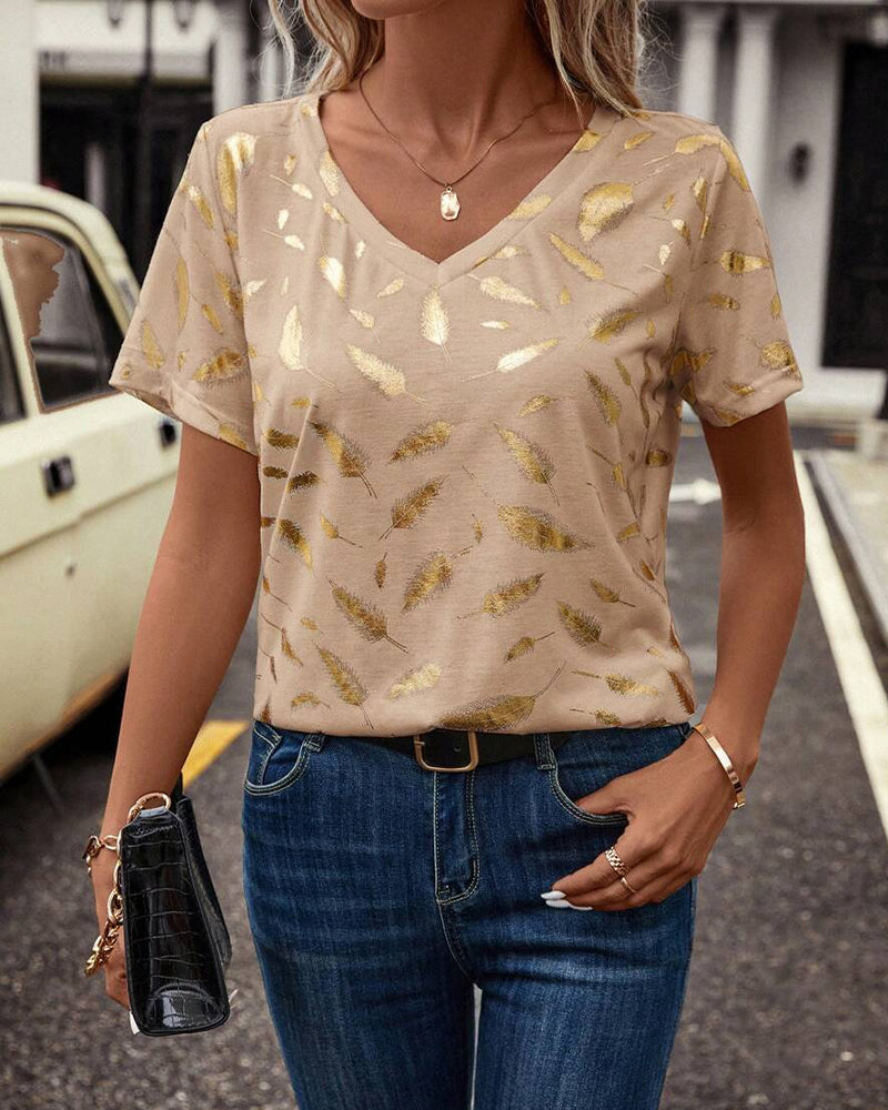 T-Shirt V-Hals Bladtryk Casual
