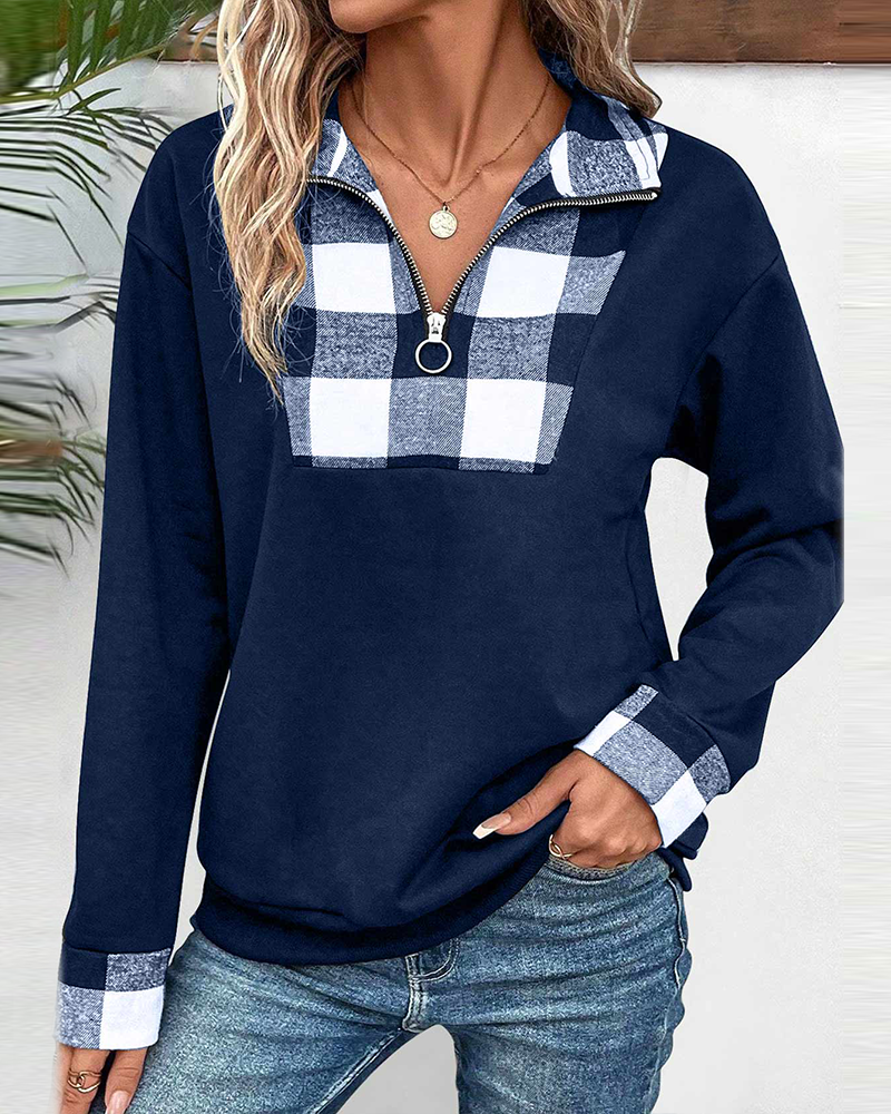 Afslappet ternet sweatshirt med halv lynlås