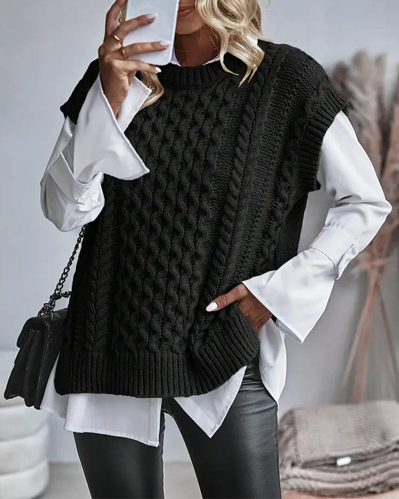 Sort kabelstrikket pullover med rund hals